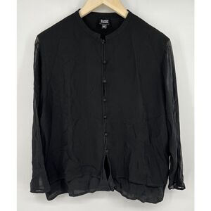 Eileen Fisher System Blouse Black Silk Button Sheer Long Sleeve Size Large